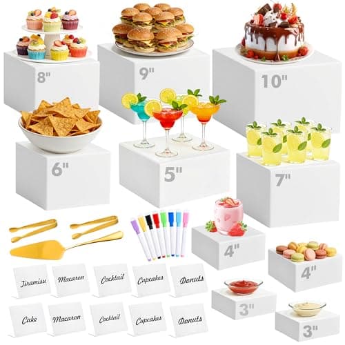 10 Pcs Buffet Risers with Mini Sign and Maker Serving Tongs Cake Cutter, White Acrylic Food Display Stands for Buffet Table Party Catering Dessert Nesting Cube Boxes with Hollow Bottoms (10",9",8",7",6",5",5",4",4",3")