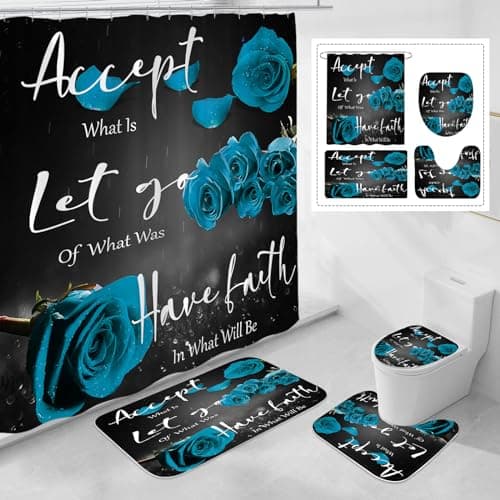 4 Pcs Teal Rose Shower Curtain Sets with Non-Slip Rug, Toilet Lid Cover and Bath Mat, Thankful Grateful Blessed Black Teal Retro Elegant Shower Curtain Valentine's Day Bathroom Set(Hooks Not Included)