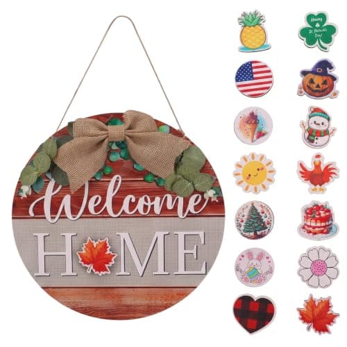 Lyeasw Interchangeable Seasonal Welcome Sign for Front Door Decor, Round Welcome Wreath Wall Hanging, Farmhouse Front Porch Door Decor for Spring Summer Fall Winter, Holiday Home Decorations
