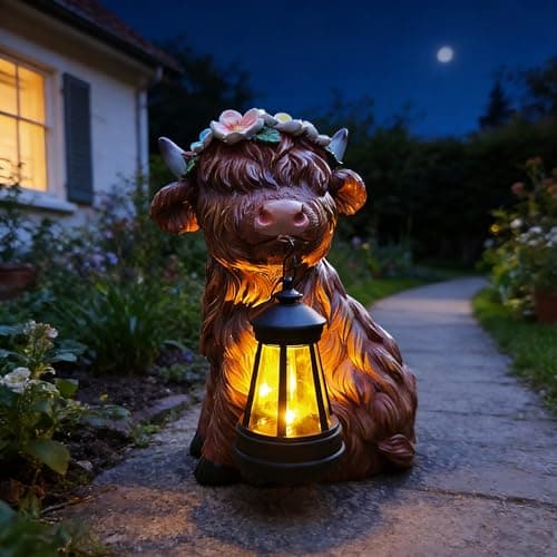 VIOYOUNS Garden Highland Cow Statue Solar Outdoor Decor with Flower Decoration，Funny Triple Highland Cow Decor Birthday Gifts for Women Mom，Highland Cows Figurine for Yard Garden Patio Lawn Ornaments
