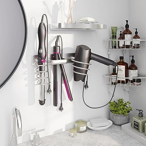 hicorfe Hair Dryer Holder 3 in 1 Hair Tool Organizer,Blow Dryer Holder Wall Mounted,Bathroom Bedroom Care Styling for Flat Iron,Curling Iron,Hair Straightener（Silver）