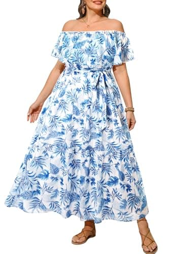 Pinup Fashion Plus Size Easter Summer Floral Casual Off Shoulder Maxi Dress