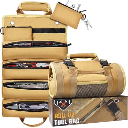 QcoQce Heavy Duty Oxford Tool Roll, Waterproof Durable Tool Bag with 6 Pockets, Tool Organizer for Garage, Vehicle Maintenance, Home Repairs, Portable Roll Up Tool Bag Gift for Men