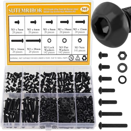 565 Pieces M3 Screws Nuts Washers Set Black, Sutemribor M3 x 5/6/8/10/12/16/20mm Button Head Socket Cap Screws Nuts Washers Assortment Kit, 10.9 Grade Alloy Steel, Fully Threaded
