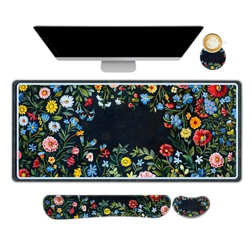 DINKY XXL Mouse pad, Gaming Mouse Pad Wrist Support Set, Desk Mat and Keyboard Wrist Rest Set, Ergonomic Design Desk Mat 35.4 x 15.7inch for Home Office, Blue and Red Flowers