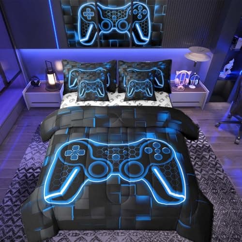 Feelyou Kids Gamer Bed in a Bag Set with Sheets Twin Size 7 Piece Blue and Black Bedding Set for Boys Teens Decor Honeycomb Ombre Gaming Bed in a Bag Geometric Square Bed Set