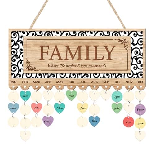 KAlRNE Family Birthday Reminder Board,Birthday Calendar Hanging Wooden Plaques,Rustic Calendar with 100 Tags,Hollow-Out Design Farmhouse Reminder Wood Board,Gifts for Mom Nana Parents Grandparents