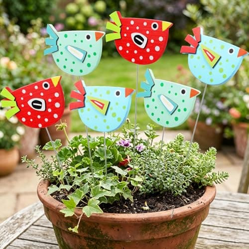 Novabright 6 Pcs Wooden Bird Garden Stakes Decorations Bird Pot Stakes with Metal Picks Flower Pots Decor for Outdoor Lawn Pathway Patio Plant Yard Decor Gardeners Planters Gift