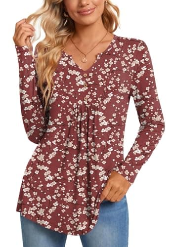 CATHY Womens Long Sleeve Tops 2026 Fall Fashion Henley Shirts Dressy Casual Pleated Tunic V-neck Button Down Blouses, 3XL, Plum blossom+Vermilion