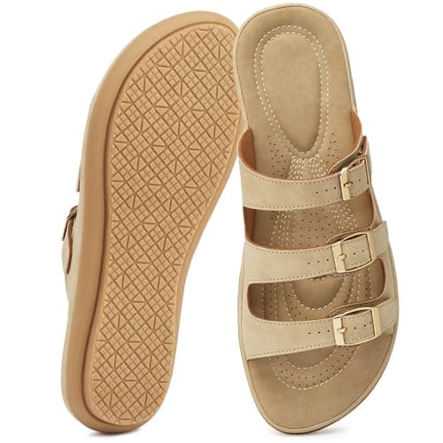 Alicegana Summer Flat Sandals for Women: Comfortable Slip On Walking Shoes Dressy Slides Sandals 2026 with Adjustable Buckle & Cushioned Footbed for Vacation Casual Outings
