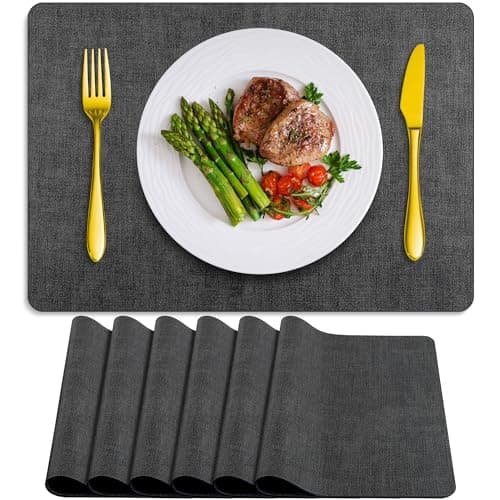 BARTHKIT Placemats Set of 6 Washable, Heat Resistant Table Placemats Wipeable Faux Leather Place Mats Non Slip, Waterproof Square Table Mats for Indoor Outdoor, Charcoal Gray