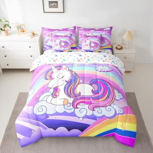 Feelyou Unicorn 7 Piece Bedding Set Rainbow Unicorn Comforter Set with Sheets,Cute Unicorn 7 Piece Bedding Set for Girls Teens Full Size