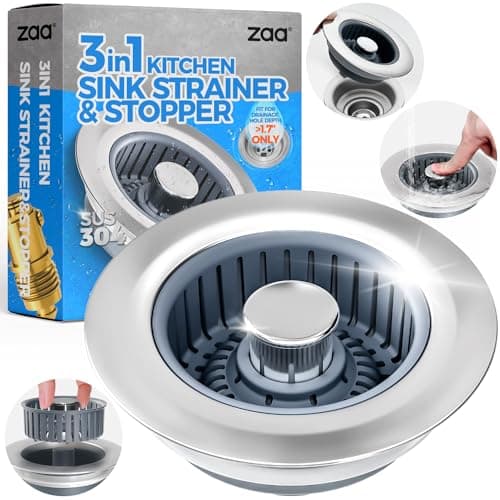 Sink Drain Strainer - Sink Stopper Kitchen Drain, 3 in 1 Kitchen Sink Drain Strainer with Anti-Clogging Basket, Kitchen Gadgets Clearance Sink Accessories, Fit US Standard 3-1/2'' Sink Hole, Silver