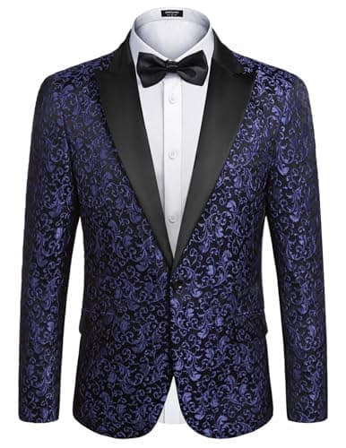COOFANDY Men's Floral Party Dress Suit Stylish Dinner Jacket Wedding Blazer One Button Tuxdeo,Navy Blue,US M(Chest 44.9)