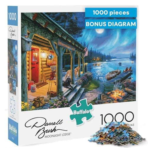 Buffalo Games - Moonlight Lodge - 1000 Piece Puzzle for Adults, Darrell Bush Lake Cabin Jigsaw with Poster, Premium 1000 Piece Jigsaw Puzzle