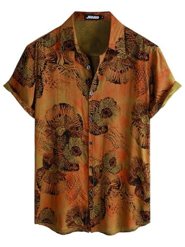 JOTOOK Mens Hawaiian Shirt Short Sleeve Button Down Shirts Gold M