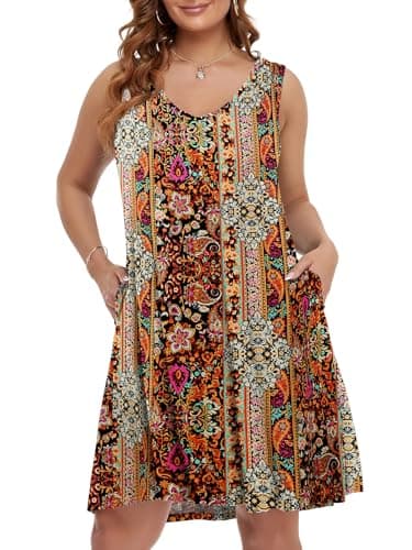 BELAROI Plus Size Dresses for Curvy Women Summer Casual Sundress V Neck Swing Tshirt Tank Dress Beach Cover up with Pockets Criss-Cross Back (1X, Boho Flower127)