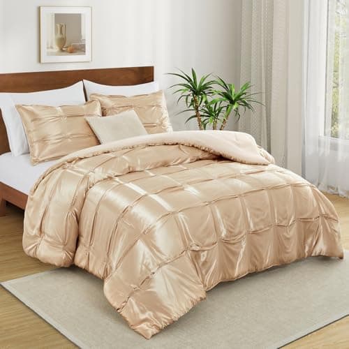 Lanest Housing King Size Satin Comforter Set Taupe, 3 Pieces Soft and Lightweight Silk Bedding, All Season Fluffy Down Alternative Comforter Bed Set