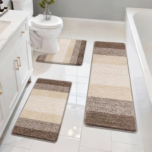 Pauwer 3 Piece Bathroom Rug Set, Microfiber Non Slip Bath Mats, Coffee