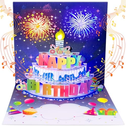 INPHER UPGRADED Blowable Birthday Cards 3D Pop Up Fireworks Cake Light and Music Happy Birthday Card Gifts for Women Men Mom Kids