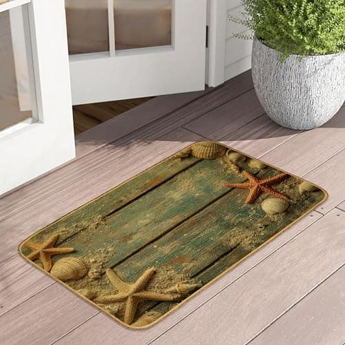 Beach Seashell Starfish Doormat Outdoor Entrance,Retro Wooden Front Door Mat Decorative Indoor Outdoor Non-Slip Entryway Rug for Home Entrance Outside Entry Floor Patio 17x29 Inch