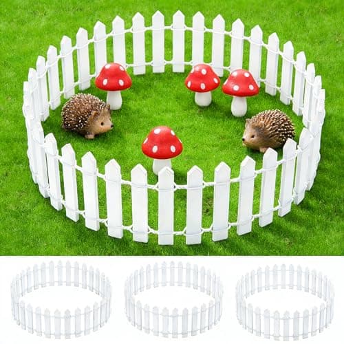 Mini Fairy Garden Fence 35inch: 4PCS DIY Miniature White Picket Fence with 4PCS Mushroom Figures and 2PCS Hedgehog for Christmas Dollhouse Mini Village Landscape Project Fairy Garden Accessories
