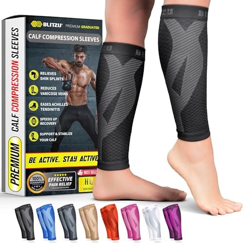 BLITZU Calf Compression Sleeves for Men and Women. Footless Compression Socks Support for Varicose Vein, Nursing, Running. Leg Sleeve Brace for Shin Splints, Pain Relief & Reduces Swelling Black L-XL