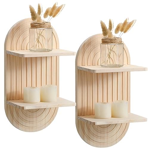 Tatuo 2 Pieces Boho Wall Shelf Decor Floating Shelves for Wall Wooden Hanging Holder for Living Room Bathroom Bedroom Office Nursery Decoration(Arch)