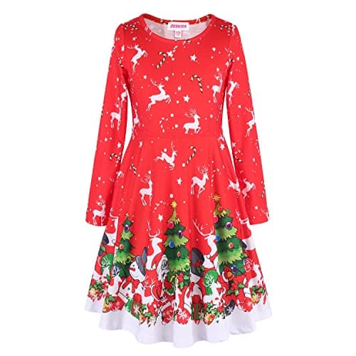 JESKIDS Girls Long Sleeve Christmas Dress Twirl Swing Party Dresses with Pockets Christmas Tree, 8-9 Years