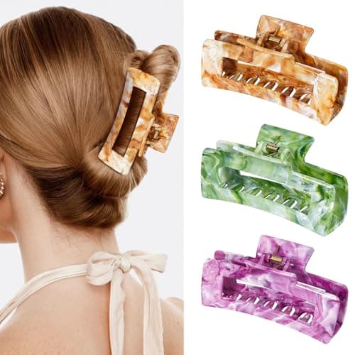 SHINLEA 3Pcs Hair Claw Clips for Women, 4.1 Inch Non slip Claw Clip, Reference Ink Painting Design, Ideal for Home Party and Work Styling, Hair Accessories for Girls Gift (Brown and Green and Purple)