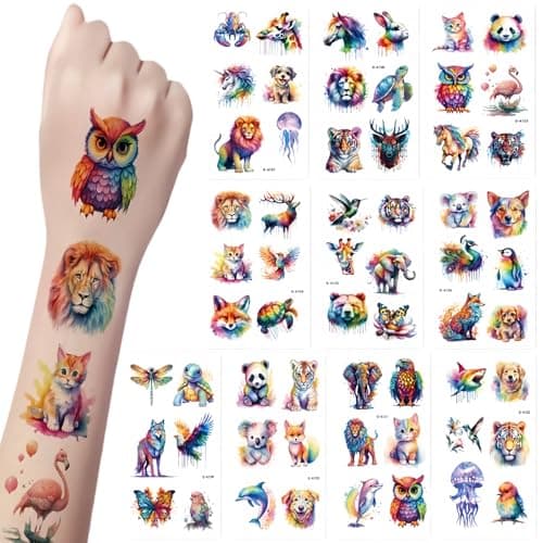 Watercolor Animal Tattoos, Azheeuiy 10 Sheets kids tattoos temporary Skin-Friendly Temporary Tattoos, for Girls and Boys Party Favors Birthday Parties Teachers Rewards with Tattoo