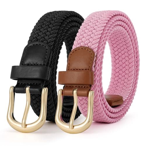 JASGOOD 2 Pack Braided Belts for Women, 1'' Narrow Width Elastic Woven Stretch Fabric Cloth Belts with Gold Buckle