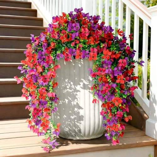 Artificial Hanging Flowers for Outdoors, 5Pcs Faux Silk Fake Morning Glory for Spring Summer, UV Resistant Realistic Plants for Home Garden Porch Patio Balcony Planter Yard (5pcs hot pink red purple)