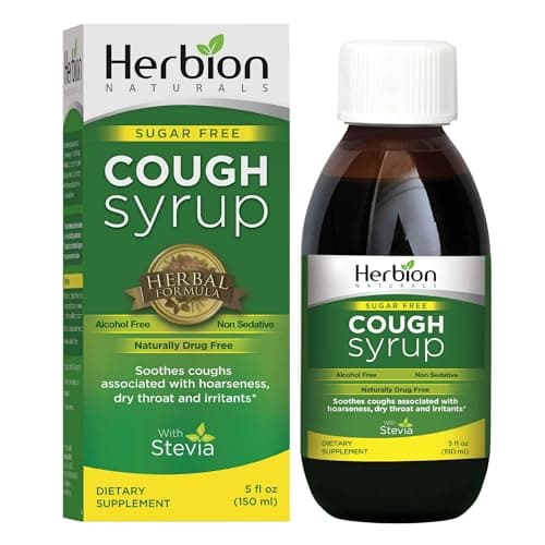HERBION Naturals Sugar Free Cough Syrup with Stevia 5 FL Oz, Relieves Cough and Soothes Sore Throat, Optimizes Immune, for Bronchial & Lung Function, Pack of 1