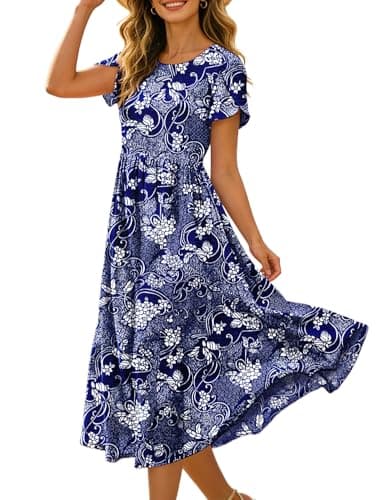 YESNO Women's Casual Summer Dresses Boho Floral Midi Sundress Petal Sleeves Loose Beach Vacation Outfits with Pockets 2XL ED1 CR488