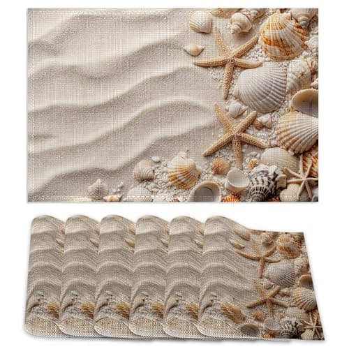 White Sand Placemats Set of 6,Starfish Seashells Waterproof Non-Slip Washable Table Mats for Kitchen Dining Holiday Party Wedding Decor 12x18 Inch