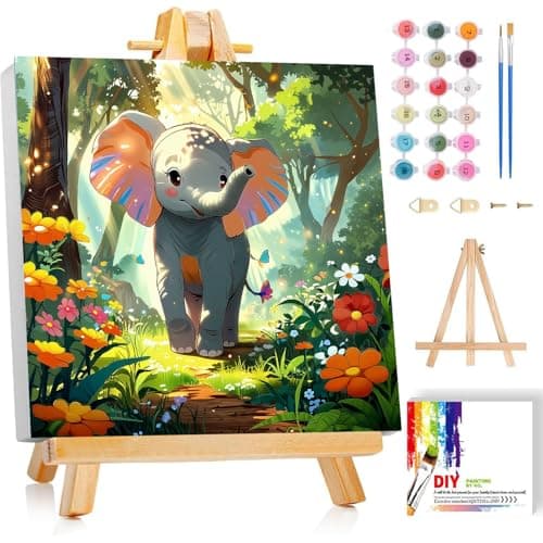 Gemozaic Elephant Paint by Numbers Kit for Kids with Frame and Easel, Cute Animal Paint by Number for Kids Age 8-12, DIY Framed Canvas Numbers Painting, 8x8 Inch