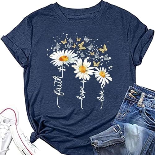 CYJAGNY Daisy and Butterfly Print Christian Shirts for Women Crewneck Short Sleeve Tops Blouses Casual Summer Faith Tee