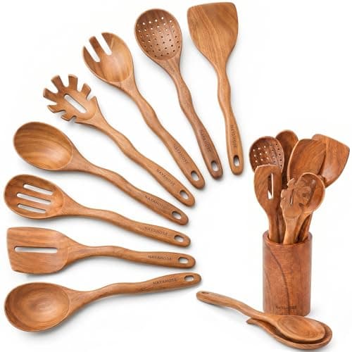 NAYAHOSE Kitchen 10PCS Teak Wooden Utensils Set With Holder and Spoon Rest