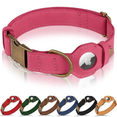BUDKAS AirTag Dog Collar - Genuine Leather Dog Collar with Apple AirTag Holder and Metal Buckle - Smart GPS Tracking Pet Collars (Pink, XL, 20"-25" Neck Fit)