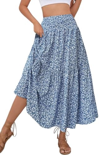 PRSFPN Women's Boho Maxi Skirt Floral Printed Smocked High Waist Long Skirts with Pockets Flowy Ruffle A-Line Summer Beach (Blue Floral, X-Large)