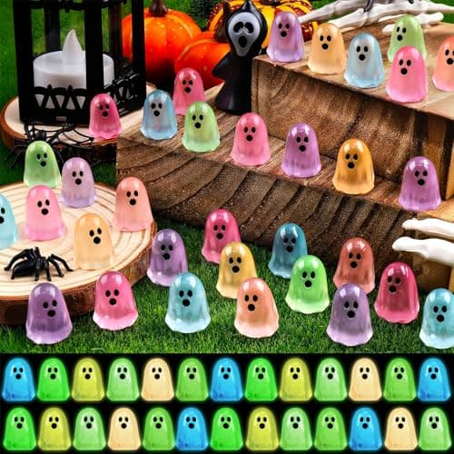 132pcs Halloween Luminous Mini Ghosts Figures 6 Colours Glow in The Dark Miniature Resin Ghost Figurines to Hide Bulk Tiny Small Statue for Halloween Party Favors Micro Garden Dollhouse Decorations