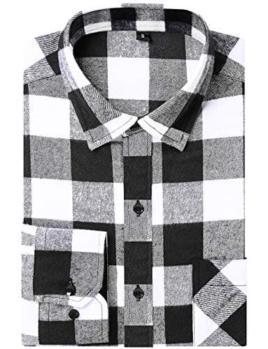 DOKKIA Men's Casual Dress Long Sleeve Buffalo Plaid Checkered Fitted Flannel Shirt (Black White Buffalo, Large)