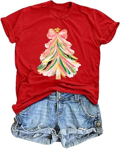 Merry Christmas T-Shirts for Women: Holly Jolly Print Shirt Casual Tee Tops
