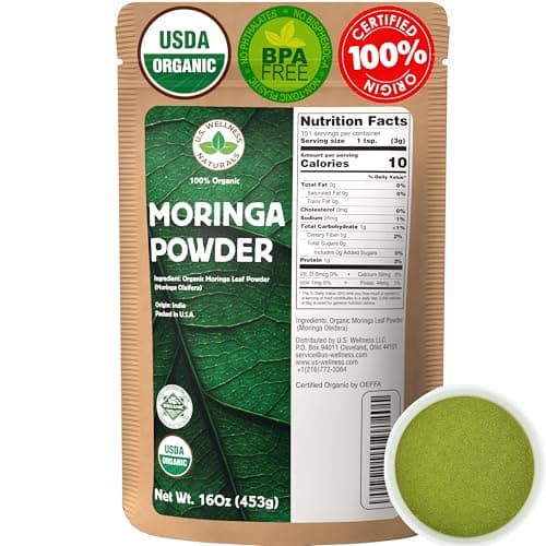 U.S. Wellness Naturals Moringa Powder 1LB (16Oz) 100% Certified Organic| 100% Pure Moringa Leaf NO Stems| - Raw from India | Smoothies | Drinks | Tea | Recipes - Resealable Bag