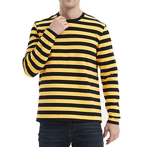 Men's Casual Black White Striped T-Shirt Long Sleeve Crewneck Basic Tee