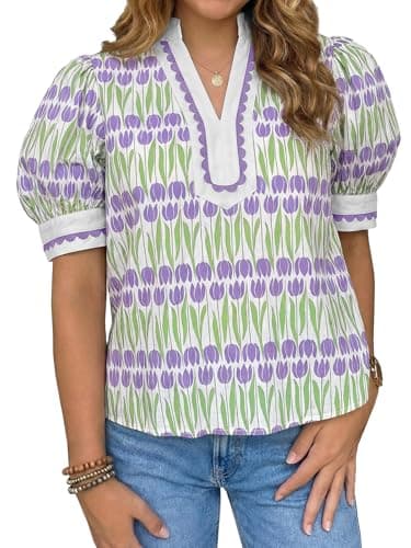 Tankaneo Womens Summer Puff Sleeve Floral V Neck Loose Fit Blouse Tops