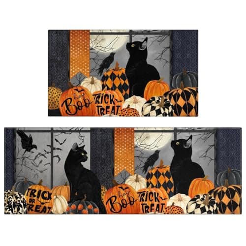 Xsinufn Halloween Kitchen Mat Set of 2,Black Cat Moon Pumpkin Bats Trick Or Treat Floor Mats and Rugs Non Skid Washable for Kitchen Home Decor Decorations and Accessories (17"x47"+17"x30")