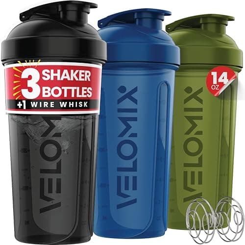 VELOMIX 3 Pack 14oz Protein Shaker Bottle, Green, Black, Blue