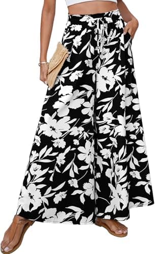 SimpleFun Boho Pants for Women Casual Wide Leg Pants Woman Printed Beach Vacay Palazzo Trousers Floral Black M
